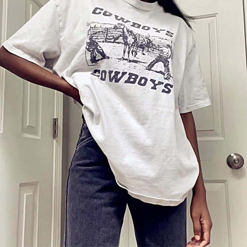 sunfiz YF 80s 90s American Vintage Cowboy Printed Women Graphic Tees White Cotton Oversized Style T Shirt Ins Fashoin Tops