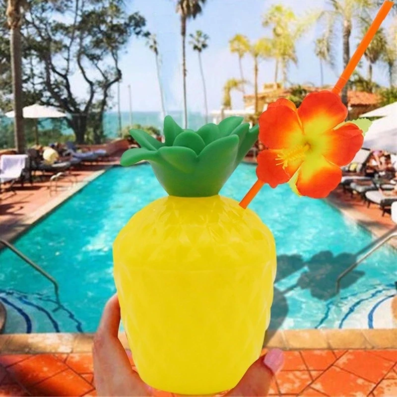 6pcs Summer Tropical Pineapple Coconut Drinking Cup Hibiscus Flower Straws Hawaiian Luau Birthday Beach Pool Party Decorations