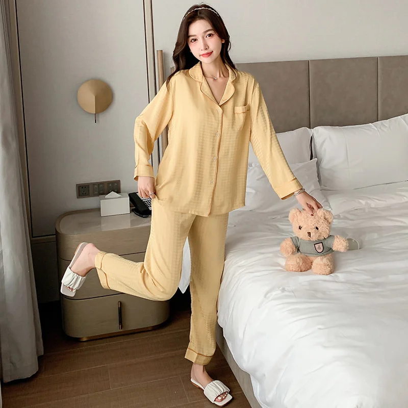 Lisacmvpnel Thousand Bird Lattice Pattern Women Pajama Set Ice Silk Breathable Soft Touch Sleepwear