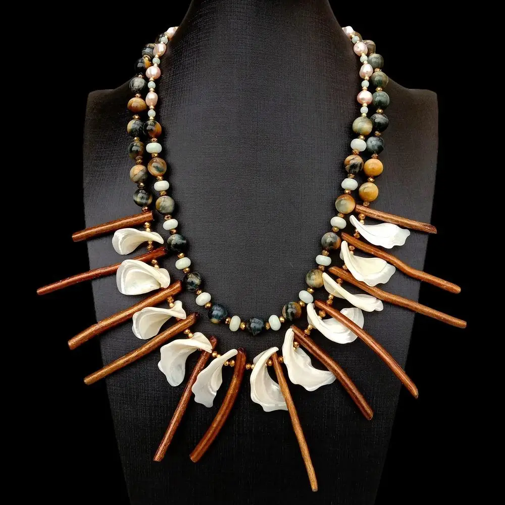 Purple Baroque Pearl Tiger Eye White Shell Coral Necklace