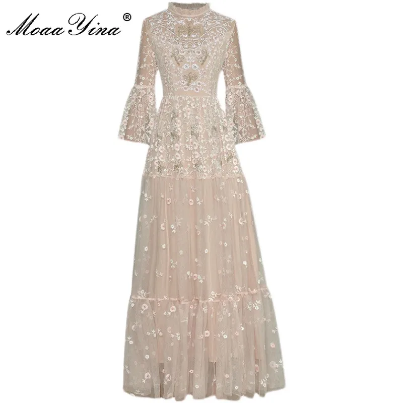 MoaaYina Fashion Designer dress Summer Women Dress 3/4 Flared sleeves Sequins Embroidery Mesh Maxi Party Dress