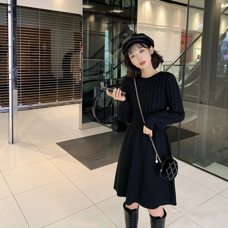 Women Sweater Long Sleeve Dresses Autumn Winter Knitted Patchwork Slim O Neck Elegant Solid Color Cozy Pullover Dresses WDR34