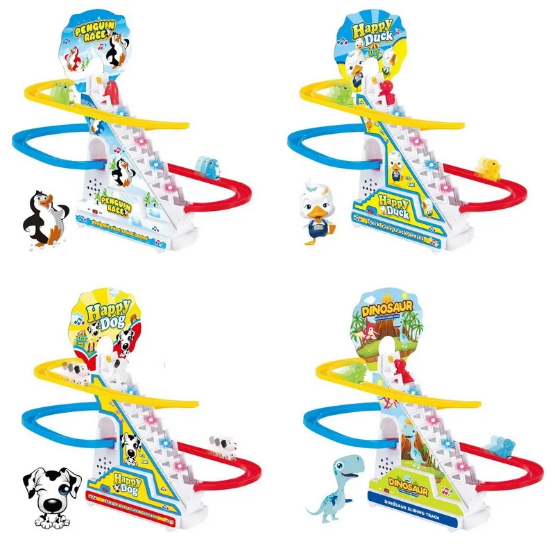 Climbing Stairs Track Toys Cartoon Penguin Dinosaur Dog Duck For Children Electronic Music Funny Boys Girls Kids Birthday Gift