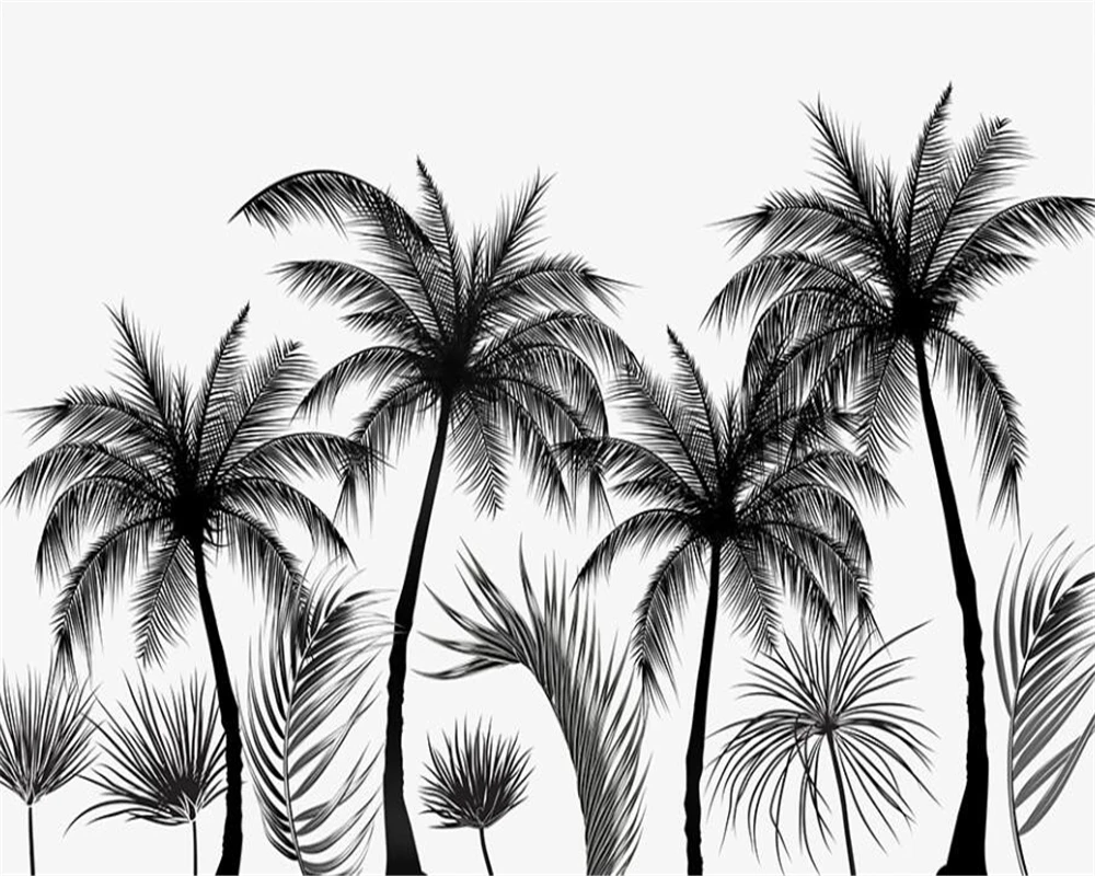 Papel tapiz personalizado para paredes, murales de fondo de TV de estilo europeo, blanco y negro, selva tropical, árbol de coco, 3 d