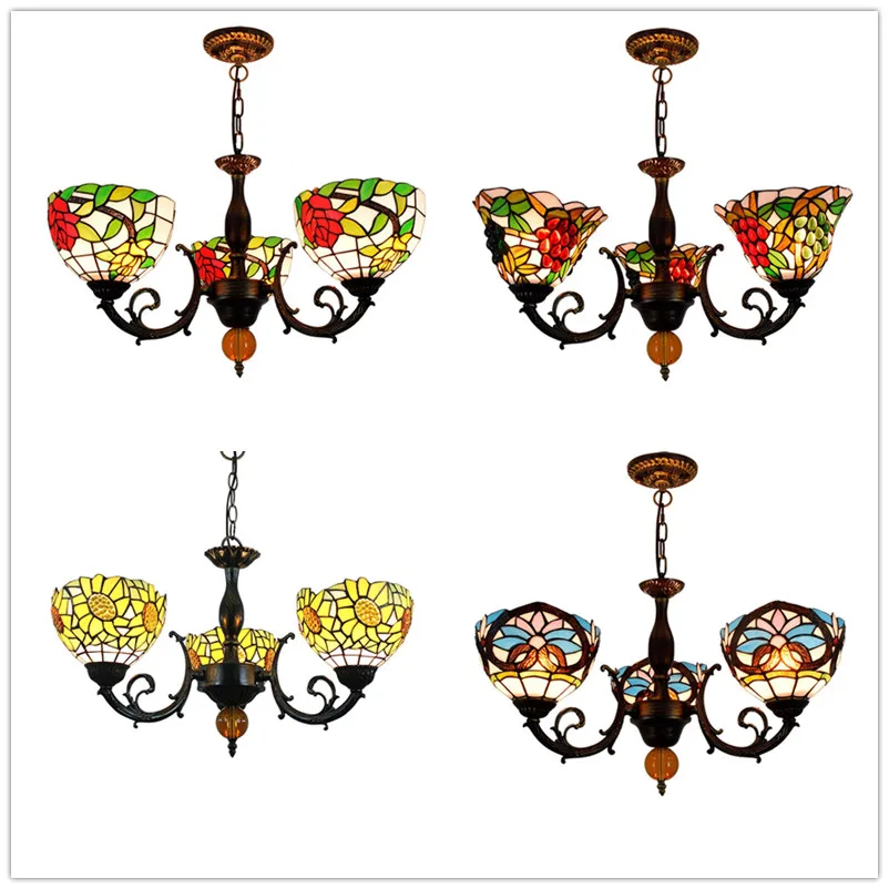 

European Creative Mediterranean Stained Glass Bedroom Dining Room Study Living Room Pastoral Glazed 3 Heads Chandelier Lamps