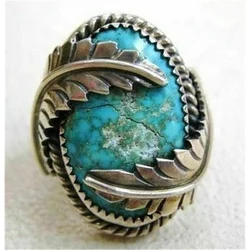 Antique Silver Imitation Turquoise Zircon Feather Wedding Jewelry Ring Size 6-10