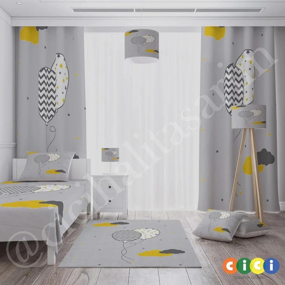 Gray Floor Pattern Balloon and Clouds Male Children Rug backdrop curtain