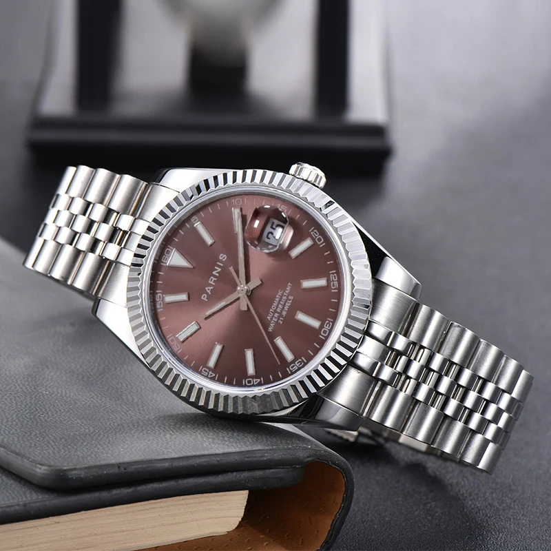 Fashion Parnis 39.5mm Brown Dial Automatic Men's Watches Calendar 21 Jewels Mechanical Men Watch Reloj Hombre Marca De Lujo 2021