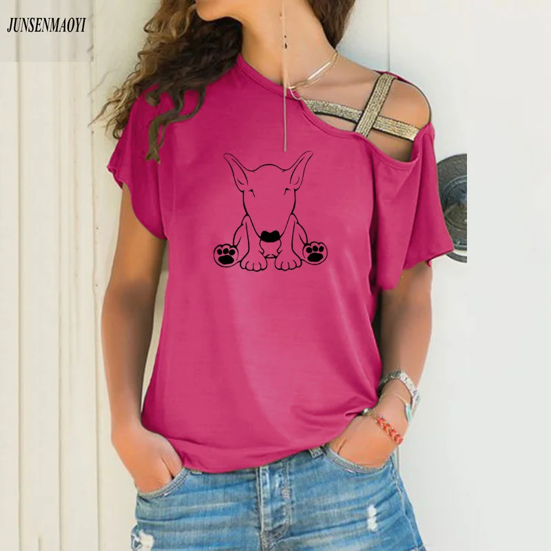 Women fashion Summer new Bull Terrier Dog print graphic t shirts Causal Short Sleeve t shirt Irregular Skew Cross Bandage Tops