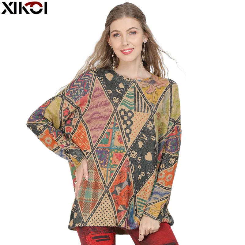 XIKOI Winter Oversized Print Sweater For Women Warm Long Pullover Dresses Fashion Roman Style Jumper Knitted Sweater Pull Femme