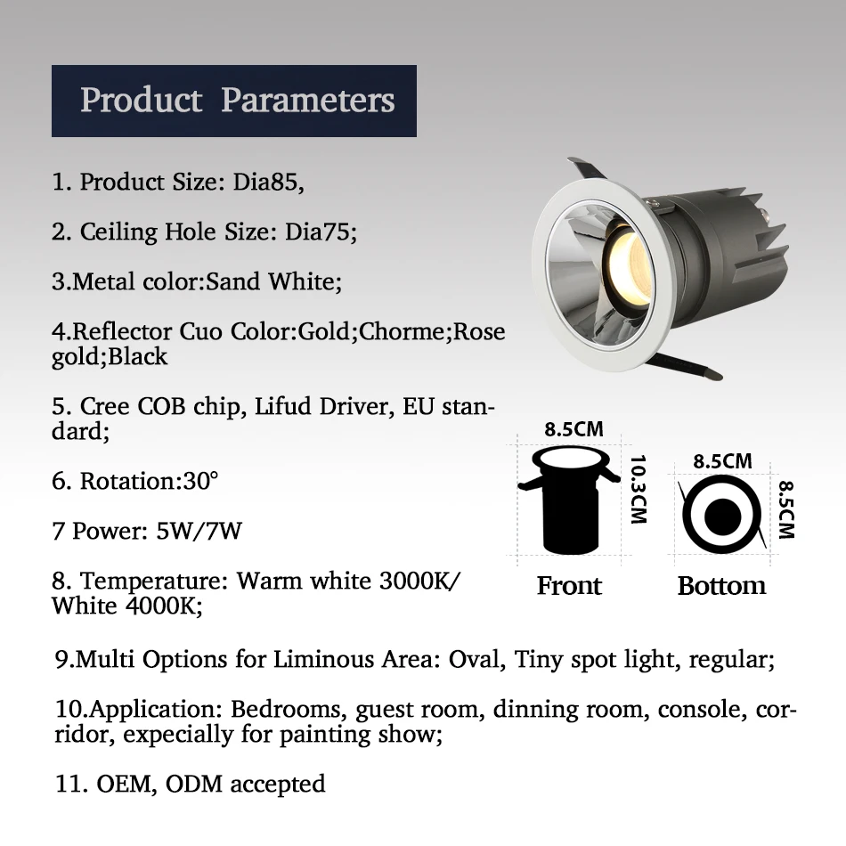 Oprawa LED typu downlight wpuszczana lampa sufitowa LED 9w 12w COB wysokiej klasy sklep do majsterkowania w hotelu willa oświetlenie wewnętrzne