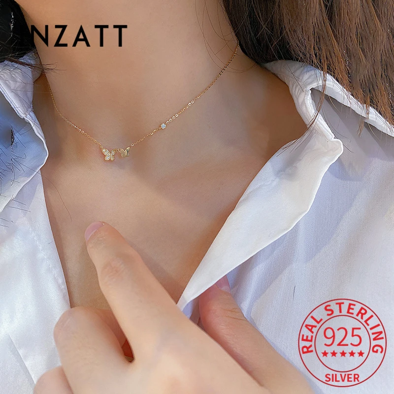 INZATT Real 925 Sterling Silver Zircon Butterfly Pendant Choker 14K Gold Necklace For Women Cute Fine Jewelry Drop Shipping