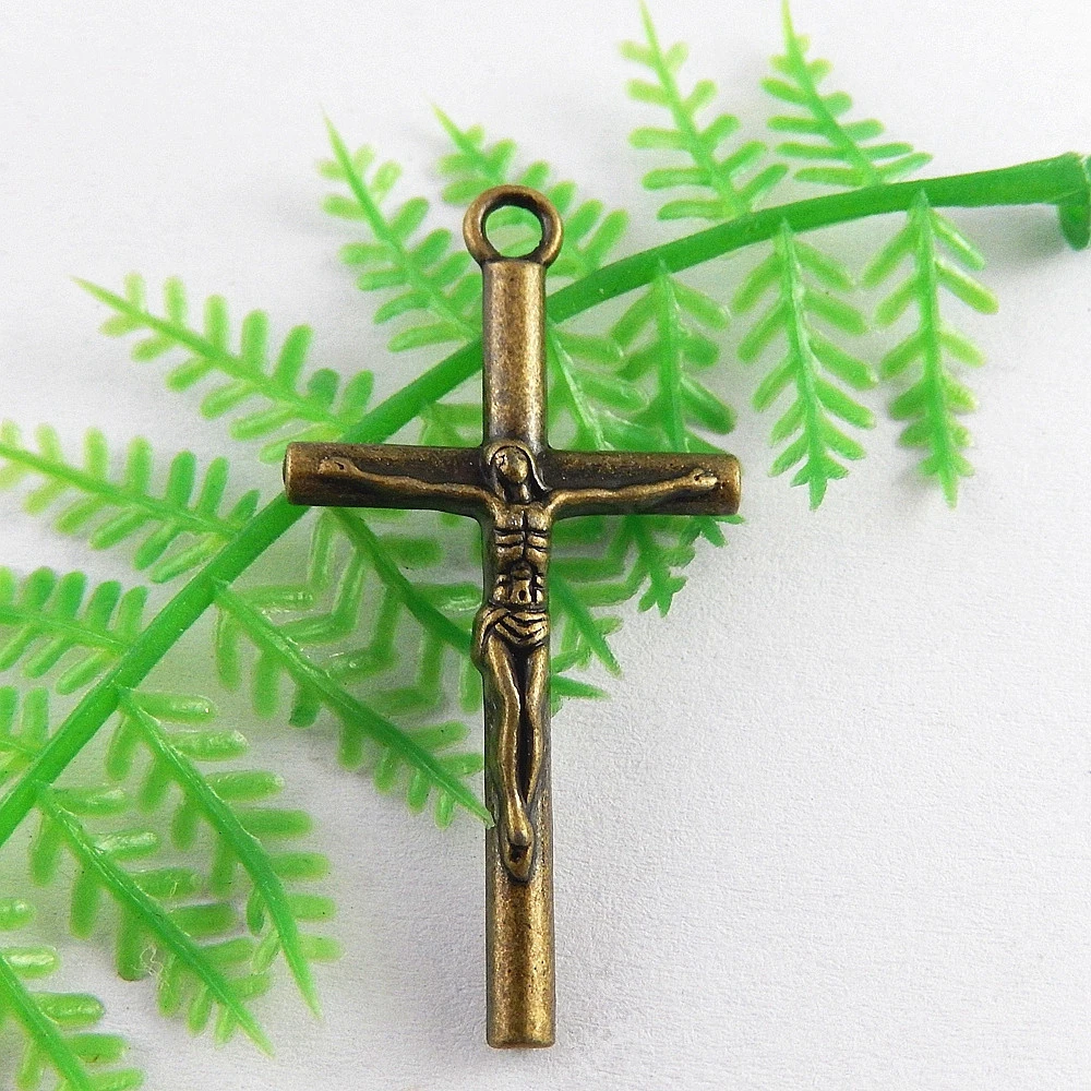 Julie Wang 10PCS 39*20mm Retro Bronze Alloy Rosary Cross Charms Crucifix Pendant Jesus Christian Jewelry Necklace Bracelet Craft