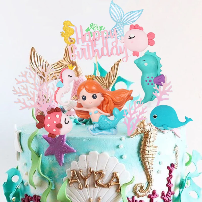 Sirenetta Happy Birthday Cake Topper Mermaid Party Cupcake Toppers ragazza Baby Shower bambini festa di compleanno decorazione di cerimonia nuziale