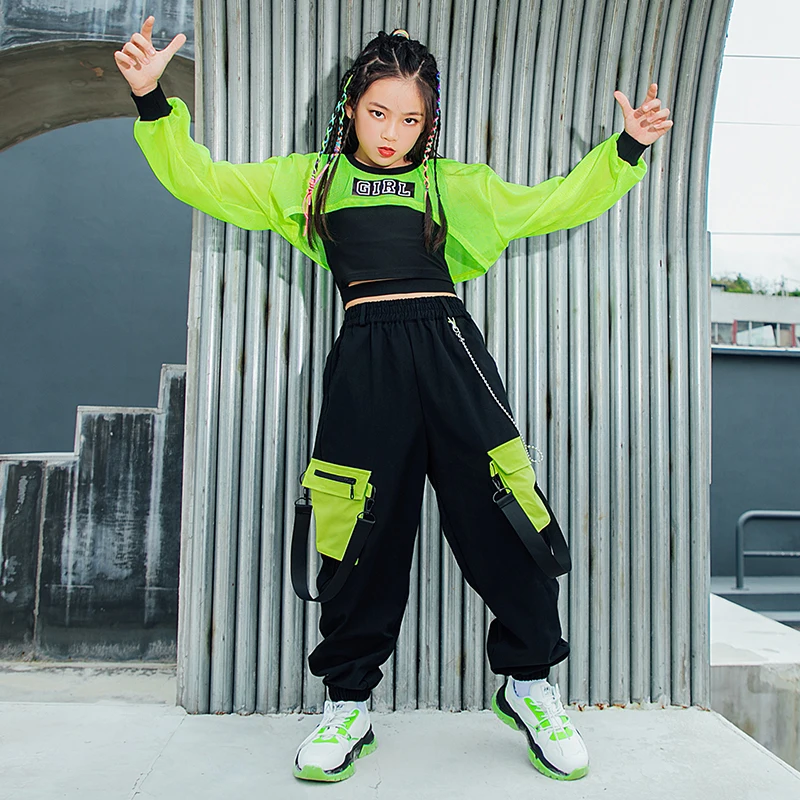 Kids Hip Hop Clothes Girls Jazz Dance Costume Neon Green Crop Tops Black Vest Cargo Pants Street Dance Performance Wear