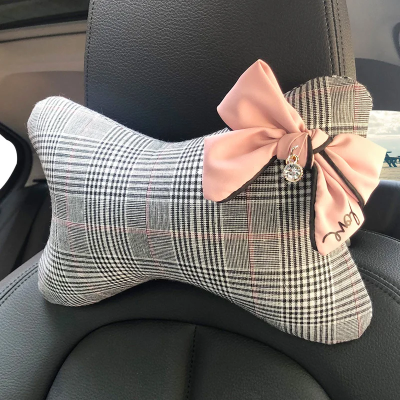 Diamond Bowknot Car Neck Pillow Classic Plaid fabric Auto Interior Headrest Seat Support Waist Pillows Car Accessories for Girls