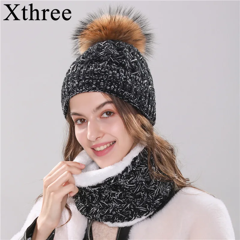 

Xthree new women's hat winter beanie knitted hat scarf set Bonnet girl 's hat with fur pom pom female cap