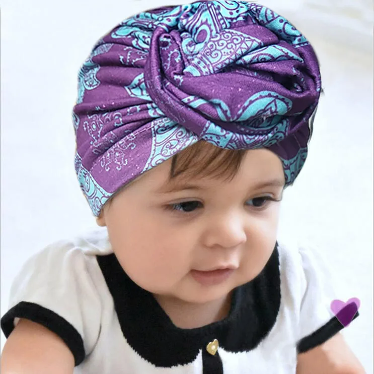 New Bohemia Retro Print Flower Kids Hats Round Ball Rose Knot Newborn Infant Toddler Hedging Caps Turban Baby Girls Headwear