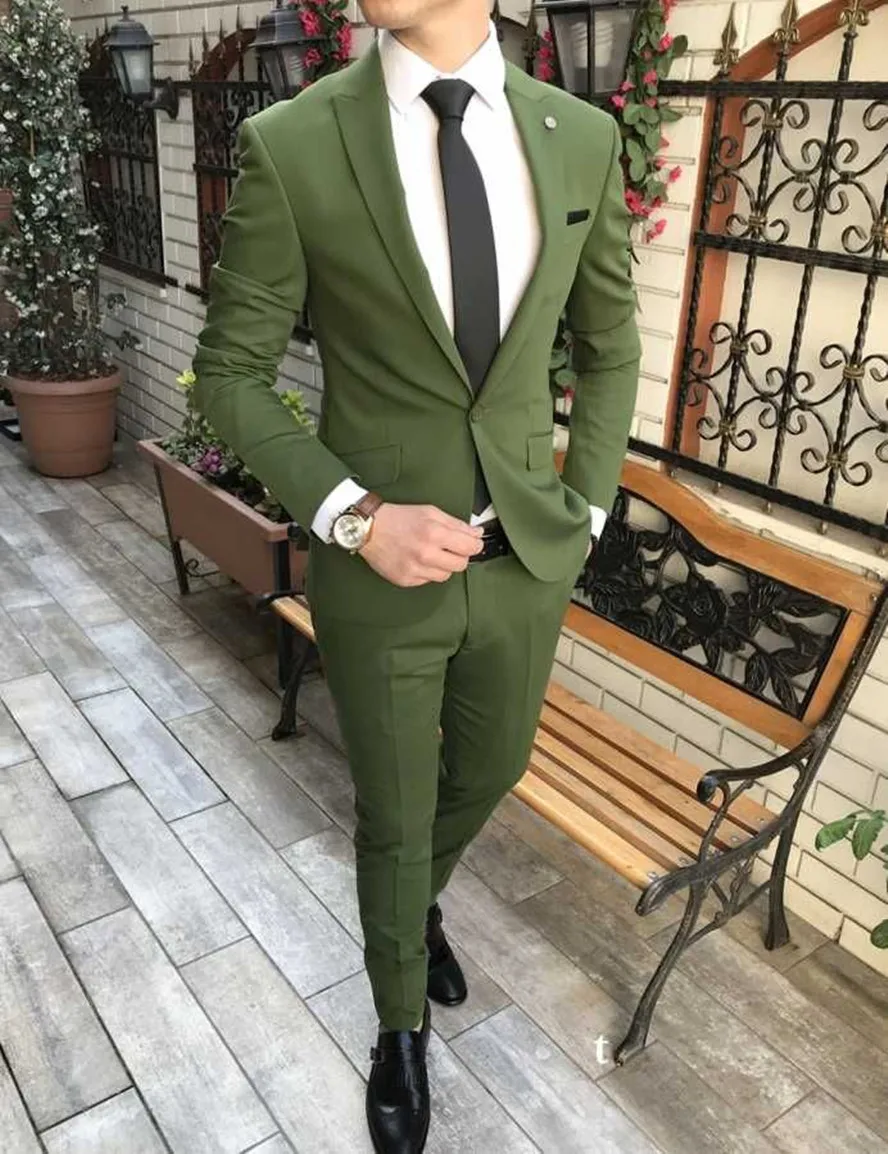 

Men Suits New Arrival Groomsmen Olive Green Groom Tuxedos Peak Lapel Slim Fit Wedding 2 Pieces(Jacket+Pant) Costume Homme