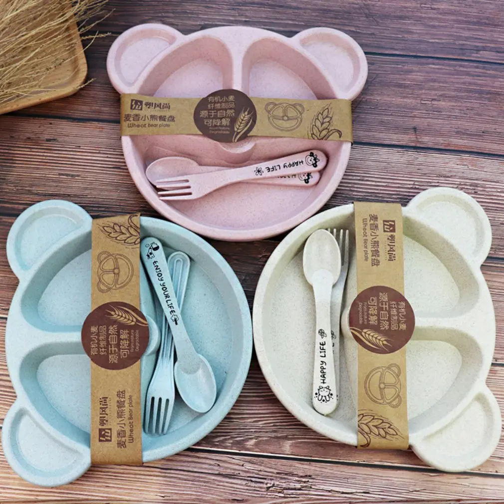 1Set Kids Plate Set Bowl+spoon+fork Feeding Food Tableware Set Cartoon Bear Kids Dinnerware Anti-hot Wheat Straw For Children