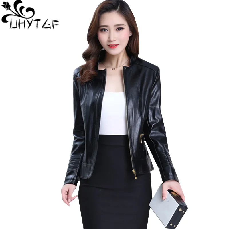 UHYTGF Women Leather Jacket Casual Women 6XL Loose Coat Quality PU Spring Autumn Leather Jacket Washed Leather Short Outwear 832