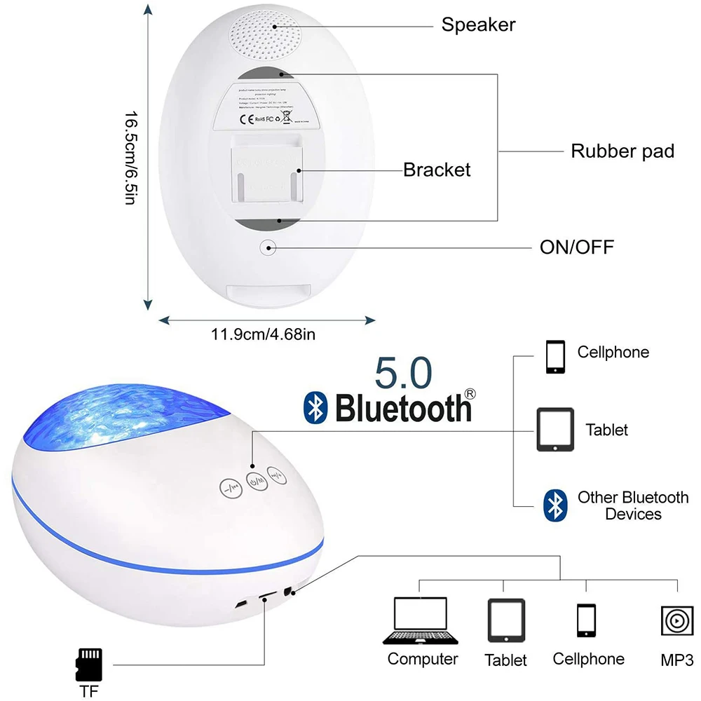 LED Ocean Wave Projector Night Lights 12LED Adjustable Lightness 7 Lighting Modes Bluetooth-compatible Music Speaker Night Light