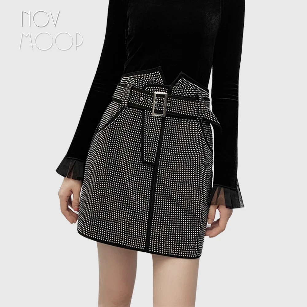 

Novmoop genuine leather women A line skirt 3D diamond decored on suade sheepskin shining fabulous Italy luxurious style LT3510