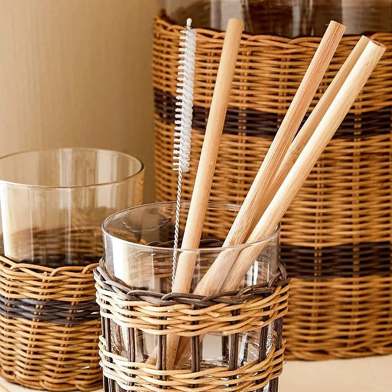 Natural Bamboo Straw Reusable Drinking Straws with Case + Clean Brush Eco-friendly Bamboo Straws Bar Cocktail Drinks Tools