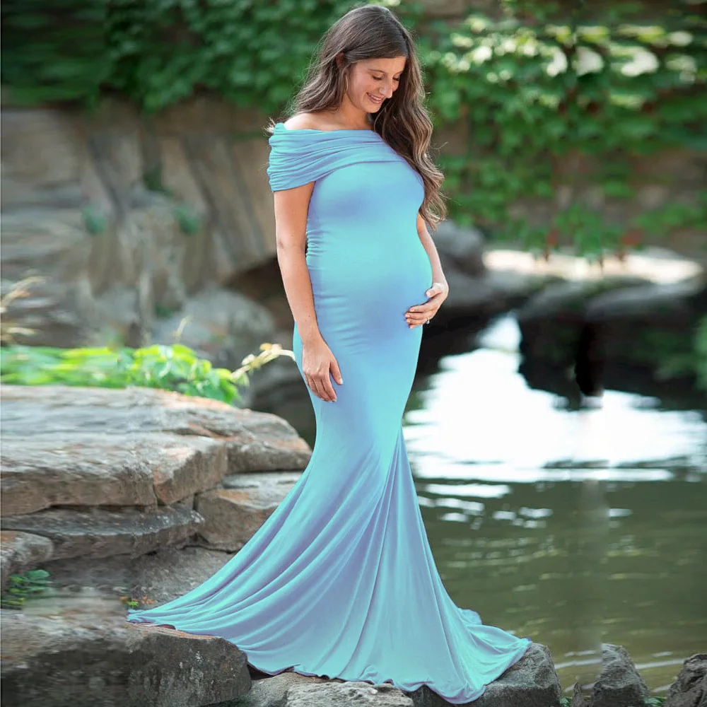 Maternity Dresses One word collar Short Sleeve Pregnant Women Velvet Blue Dress Sexy Fashion Pregnancy Dress for Photo Shoot