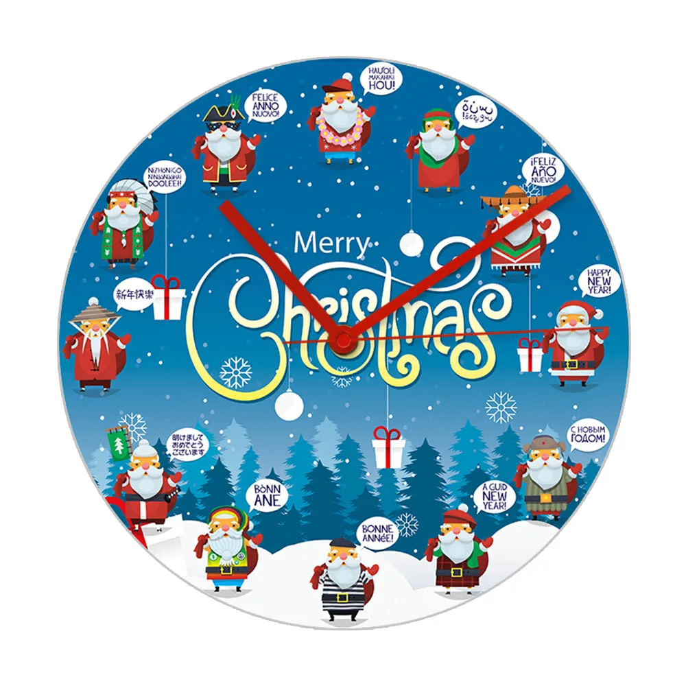 Santa Claus Greets In Different Language Cartoon Wall Clock New Year Home Decor Merry Christmas Greetings Art Printed Wall Watch