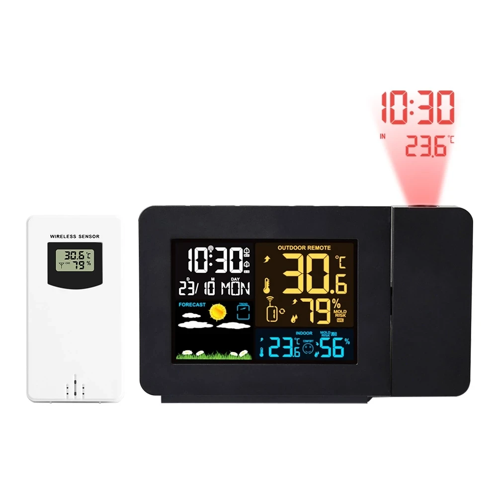 Wireless Weather Station with Projection  Wall Alarm Clock Digital Indoor Outdoor Thermometer Hygrometer Weather Forecast  Home