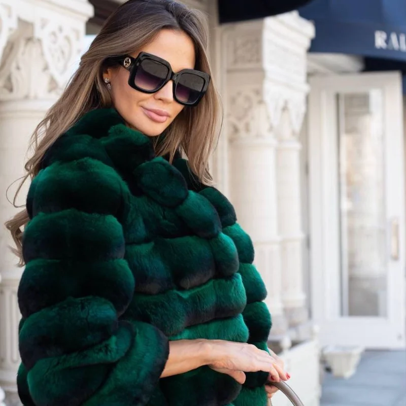 genuine green Rex rabbit fur jacket women spring fashion casual luxury short tops natural real chinchilla fur coat female