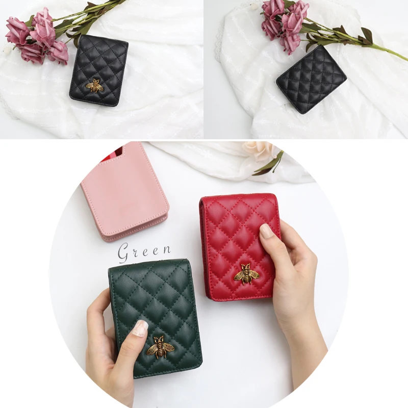 Lipsticks Case Mini Genuine Leather Walet Female Makeup Mirror Lipstick Case Plaid Cosmetic Organizer Girl\'s Cosmetic Cases