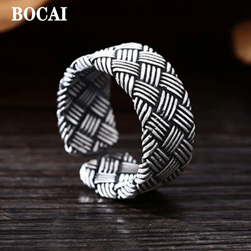 

BOCAI New Solid Pure S999 Sterling Silver Women's Ring Retro and Old Personality Handmade Silver Woven Jewelry