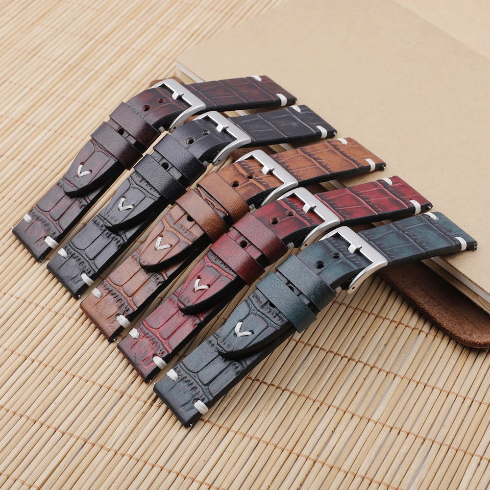 Vegetable Tanned Leather Watchband 18mm 20mm 22mm 24mm Handmade Stitching Genuine Leather Alligator Watch Strap Replacement