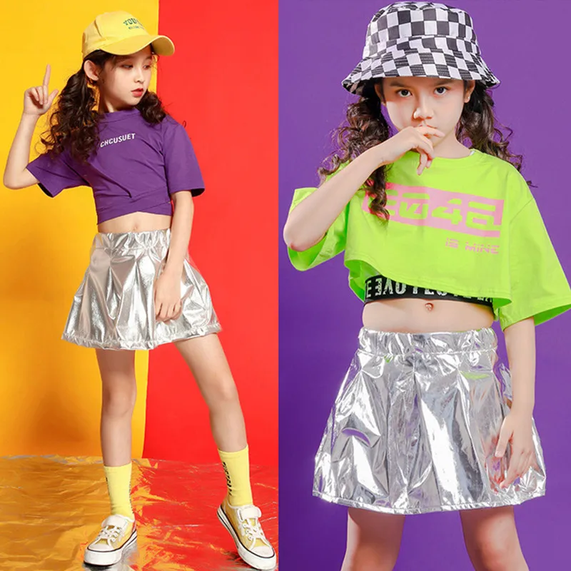 

Hip Hop Girls Silver Sequin Skirt Tee Child Jazz Crop Top Street Dance T Shirt Clothes Sets Kids Stage Costume Summer Streetwear