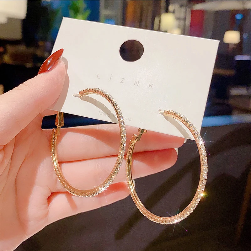 BLIJERY New Shiny Gold Color Rhinestone Big Hoop Earrings for Women Crystal Round Circle Earrings Wedding Prom Jewelry Brincos