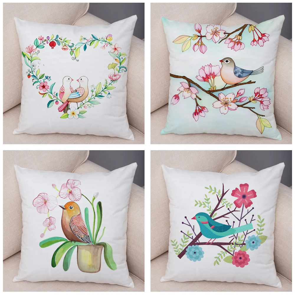 Cartoon Parrot Animal Pillow Case Decor Birds and Flower Cushion Cover for Sofa Home Car Super Soft Plush Pillowcase 45x45cm