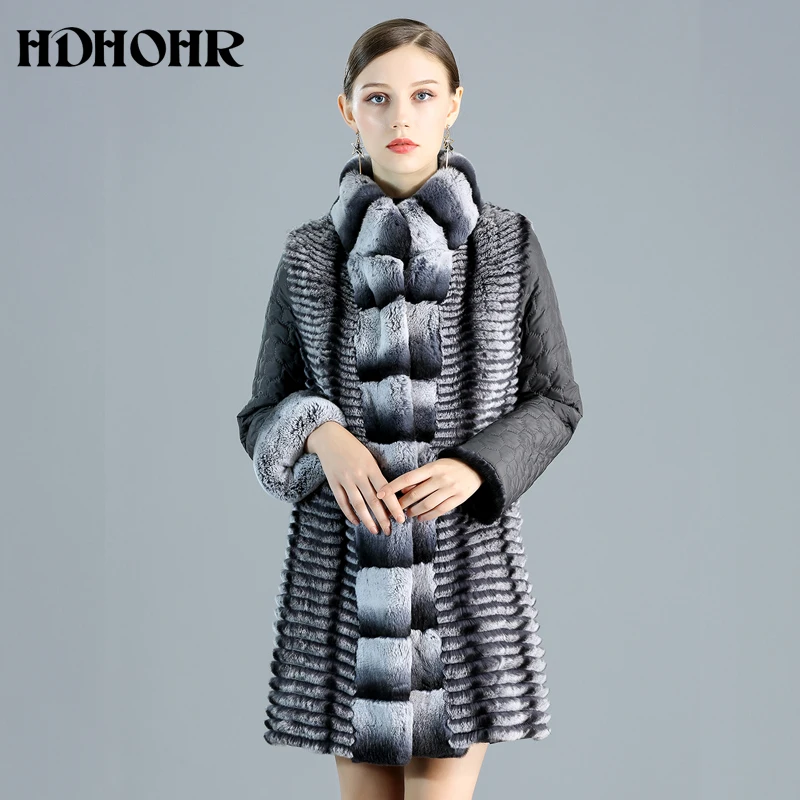 HDHOHR 2024 New High Quality Real Rabbit Fur Coat Women Down cotton Natural Fur Jacket Winter Fashion Rex Rabbit Fur Coat Female