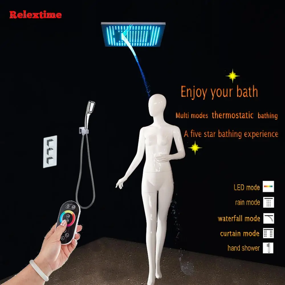 

Concealed Thermostatic Bathroom Shower Set Nozzle Glow LED Ceiling Shower Head Waterfall Rain Multifunction Mixing Shower Faucet