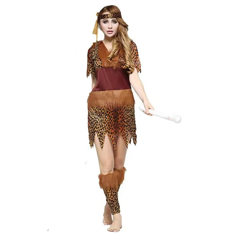 Leopard Print Woman Halloween Savage Primitive Costumes Female Indians Cosplay Carnival Purim Parade Role Play Bar Party Dress