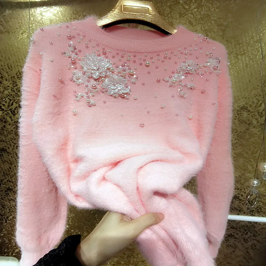 

Rhinestone winter luxury heavy industry pink and beaded sweater women three-dimensional flower plush warm pullovers