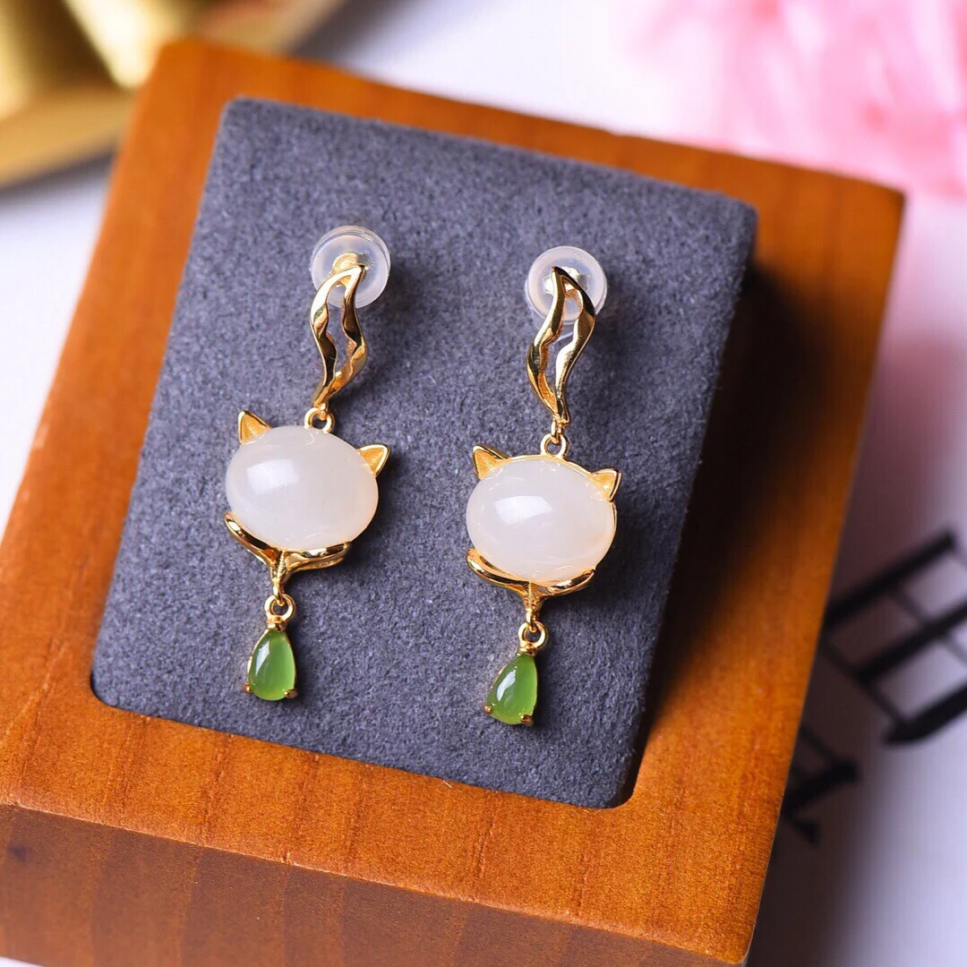

S925 Silver Inlaid Hetian Jade Jasper Earrings for Women Jewelry