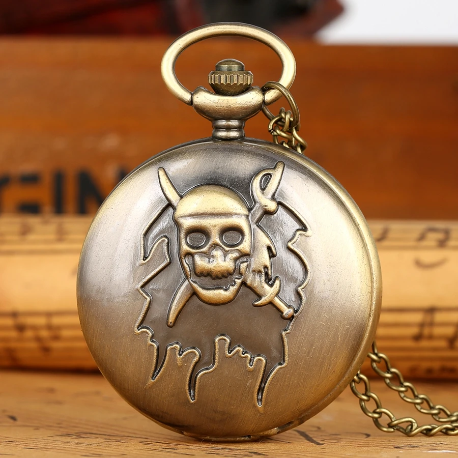 Bronze Pirate Skull Cross Sword Quartz Pocket Watch Necklace Pendant FOB Chain Clock Gifts for Kids Men Women Reloj de madera