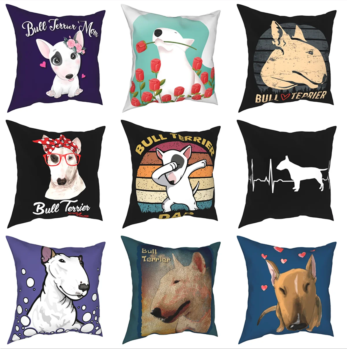 Funny Bull Terrier Pattern Pillowcase Polyester Cushion Cover Gift Cute Dog Puppy Throw Pillow Case Cover Bedroom 45X45cm