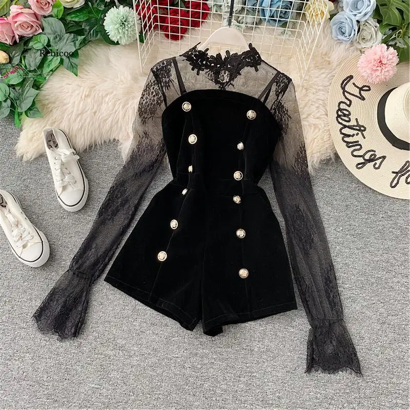 

Women Two Piece Outfits Lace Tulle Pullover Flare Sleeve Shorts Gold Velvet Button Solid New Fashion Female Clothes New
