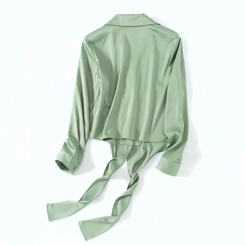 2020 Elegante Dell'arco Della Cinghia Delle Donne Della Camicia di Autunno della Molla Delle Signore Solid Manica Lunga In Chiffon Camicette casual Camicette Vintage Magliette e camicette Blusas Verde