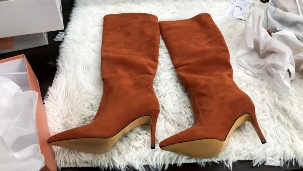 Women Suede Knee High Boots Fashion Folding Slip on Winter High Boots Casual High Heels Brown Long Boots Ladies Shoes