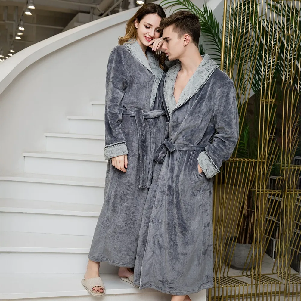 Flannel Robe Kimono Gown Winter New Coral Fleece Sleepwear Nightgown Lovers Bathrobe Soft Home Clothes Intimate Lingerie