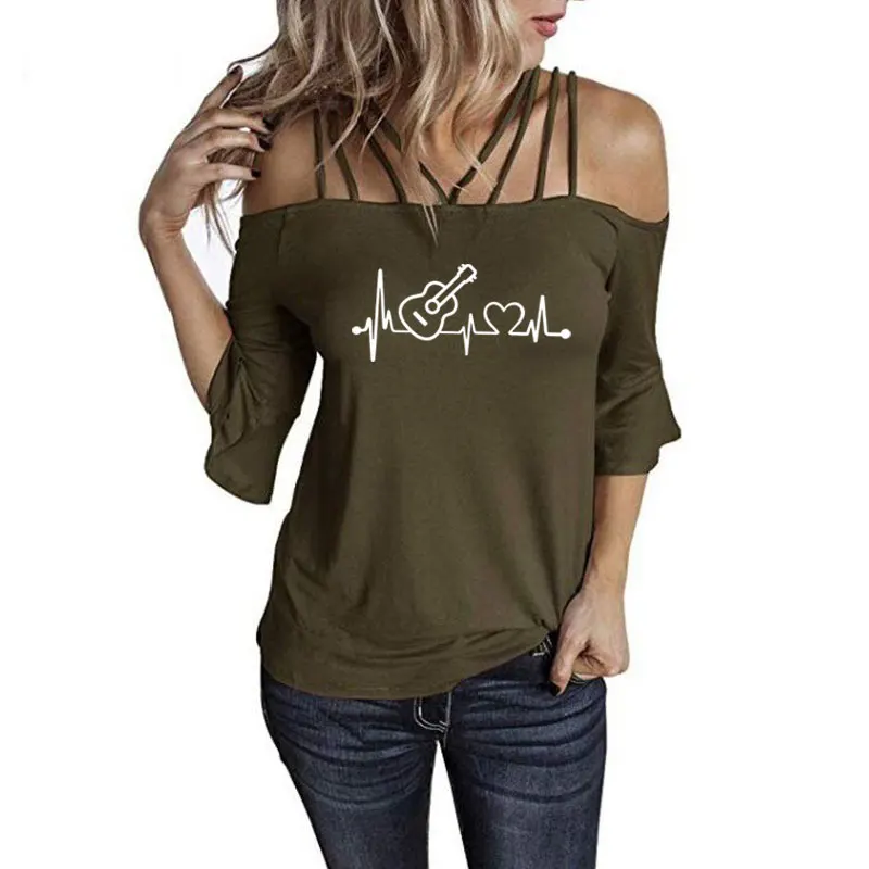 Fun Acoustic Guitar Heartbeat Prin T Shirt Summer shoulder sling  Women's Casual Turtleneck Cotton Tees Tops